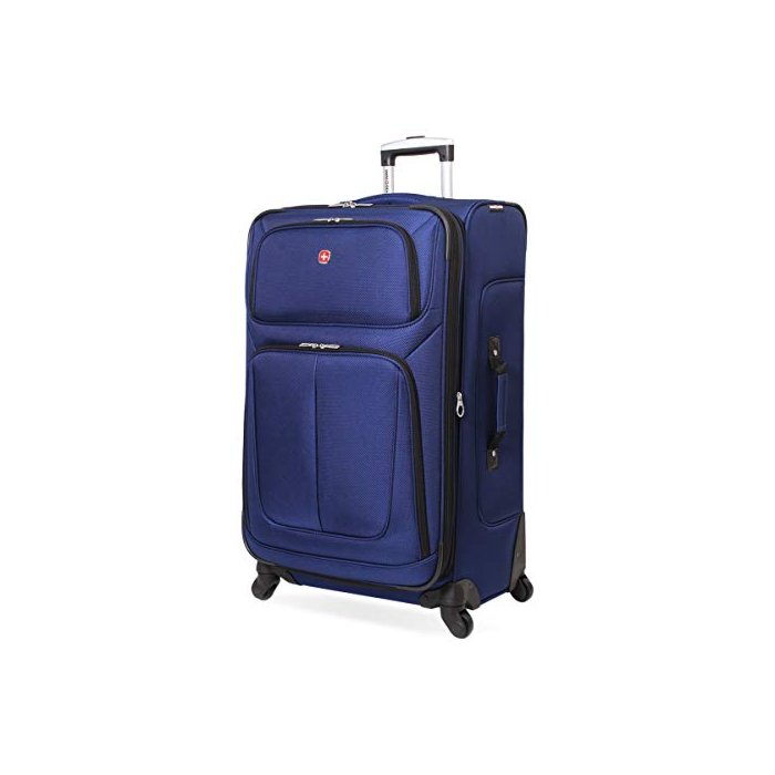 SwissGear Sion Softside Expandable Checked Luggage in a beautiful blue color glides effortlessly on spinner wheels.