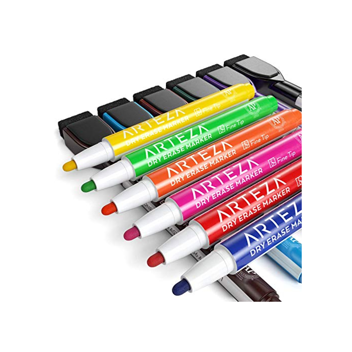 Arteza Magnetic Dry Erase Markers with Eraser, Pack of 24, Fine Tip, 12 Assorted Colors with Low-Odor Ink, Whiteboard Pens, Office Supplies for School, Office, or Home