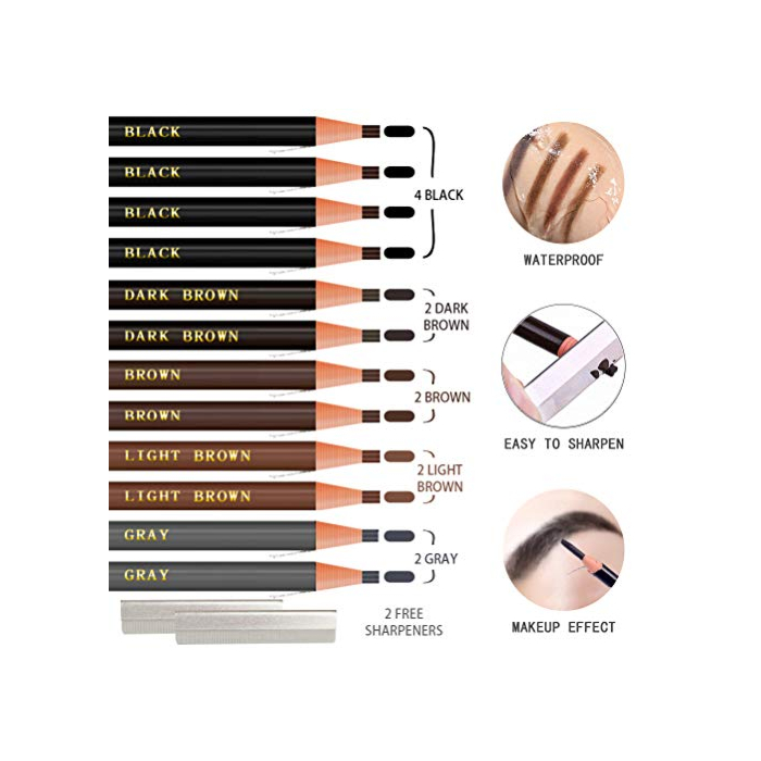 Waterproof Eyebrow Pencils Brow Pencil Set For Marking, Filling And Outlining, Tattoo Makeup And Microblading Supplies Kit-Permanent Eye Brow Liners In, 12Pcs 5Colors(4Black6Brown2Gray）(Multicolor)