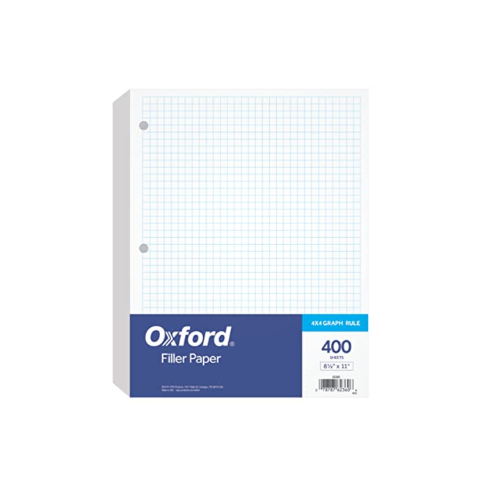 Oxford Filler Paper, 8-1/2" x 11", 4 x 4 Graph Rule, 3-Hole Punched, Loose-Leaf Paper for 3-Ring Binders, 400 Sheets Per Pack (62360)