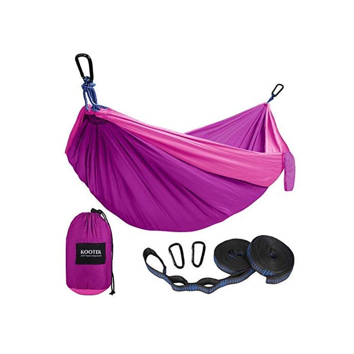 Kootek Camping Hammock Double & Single Portable Hammocks with 2 Tree Straps, Lightweight Nylon Parachute Hammocks for Backpacking, Travel, Beach, Backyard, Patio, Hiking (Violet & Pink, Large)