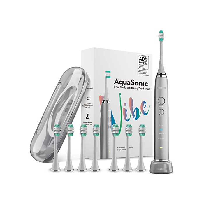 AquaSonic Vibe Series Ultra Whitening Toothbrush – ADA Accepted Electric Toothbrush - 8 Brush Heads & Travel Case - Ultra Sonic Motor & Wireless Charging - 4 Modes w Smart Timer – Charcoal Metallic