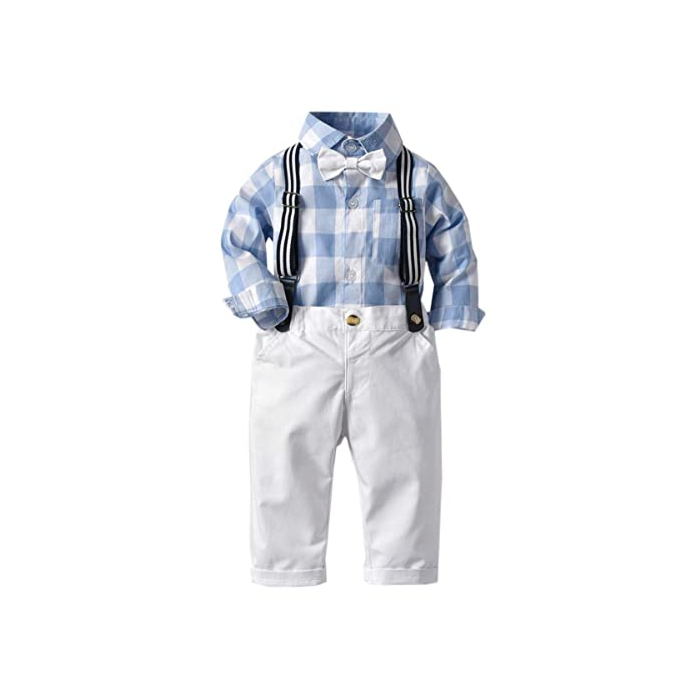 Baby Boy's Tuxedo Clothes, Long Sleeves Plaids Button Down Dress Shirt with Bow Tie + Suspender Pants Set Outfit Clothing for Infant Newborn Toddlers, S03 Light Blue, Tag 60 = 3 - 9 Months