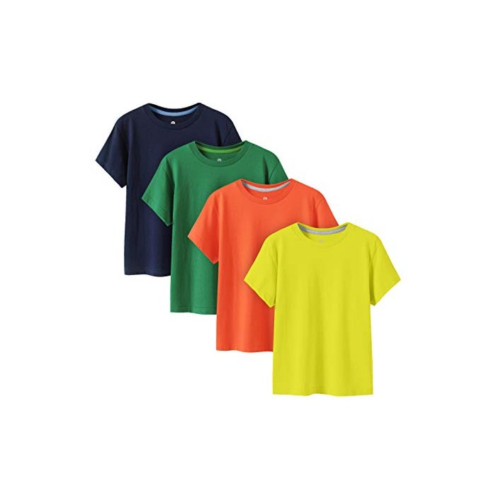 LAPASA Kids T-Shirts Pure Cotton 4-Pack, Short Sleeve White Tees Boy & Girl, 100% Non-Allergenic Cotton Crew Neck Unisex K01,Orange+Yellow+Green+Navy,13Y