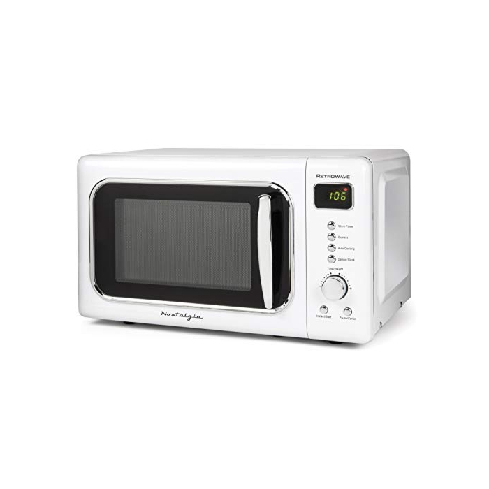 Nostalgia CLMO7WH Classic Retro 0.7 Cu. Ft. 700-Watt Countertop Microwave Oven With LED Display, 5 Power Levels, 8 Cook Settings, White