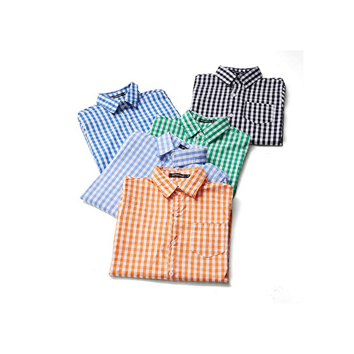 Spring&Gege Boys' Short Sleeve Poplin Button Down Shirt Plaid Uniform Dress Shirts, Blue Large Check Gingham, 5-6 Years