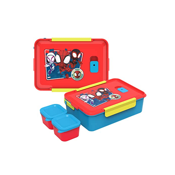 Zak Designs Spidey And His Amazing Friends Reusable Plastic Bento Box with Leak-Proof Seal, Carrying Handle, Microwave Steam Vent, and Individual Containers for Kids' Packed Lunch