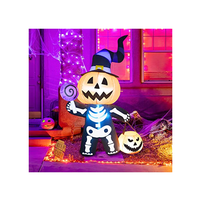 GOOSH 6 FT Height Halloween Inflatable Outdoor Pumpkin with Skull Body, Blow Up Yard Decoration Clearance with LED Lights Built-in for Holiday/Party/Yard/Garden