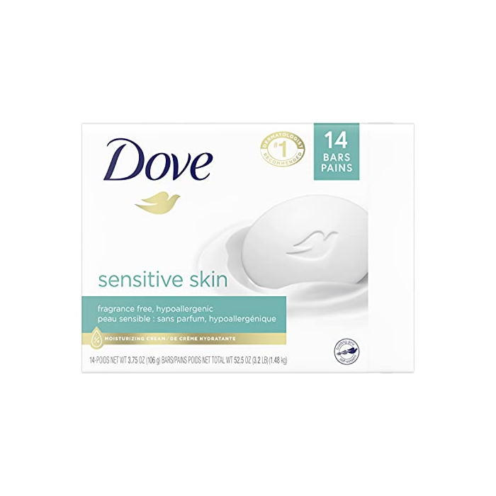 Dove Beauty Bar More Moisturizing Than Bar Soap for Softer Skin, Fragrance-Free, Hypoallergenic Beauty Bar Sensitive Skin With Gentle Cleanser, 3.75 Ounce (Pack of 14)