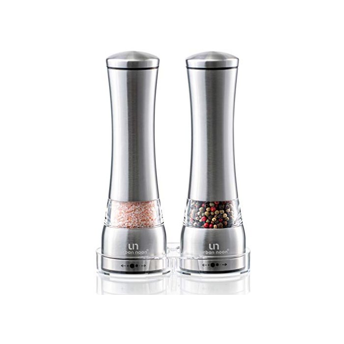 Salt and Pepper Grinder Set - Stainless Steel Pepper Grinder and Salt Grinder with Tray in Luxurious Gift-Box - Manual Mills with Ceramic Grinders and Adjustable Coarseness (Set of 2 plus Tray)