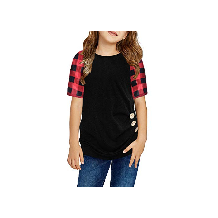 Dokotoo Girls Short Sleeve Shirts Plaid Buttoned Girls' Tops, Tees & Blouse Cute Baby Kids Back School Gifts Summer T Shirt for Teen Girls Black Size 4-5