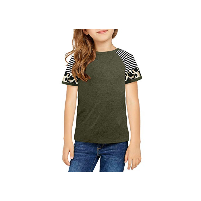 Dokotoo Girls Short Sleeve Shirts Stripes Leopard Print Colorblock Sweat Girls' Tops, Tees & Blouse Cute Baby Kids Gifts T Shirt for Teen Girls Green Size 4-5