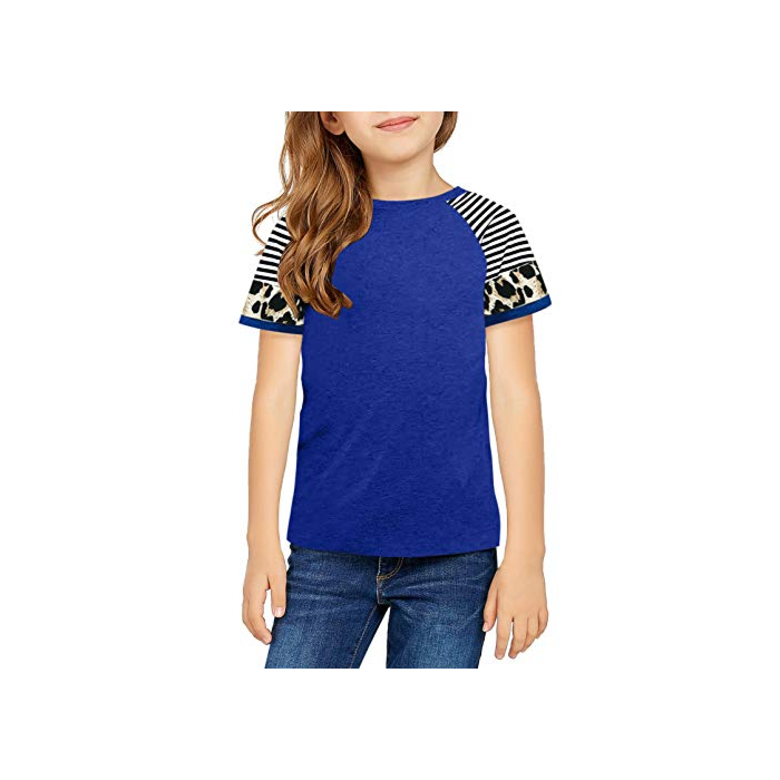 Dokotoo Girls Short Sleeve Shirts Stripes Leopard Print Colorblock Sweat Girls' Tops, Tees & Blouse Cute Baby Kids Back School Gifts T Shirt for Teen Girls Blue Size 4-5