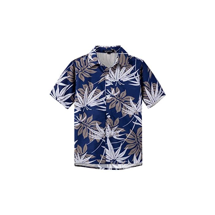 Spring&Gege Boys' Short Sleeve Button Down Fun Hawaiian Shirt Cartoon Print Aloha Dress Shirts, Navy Blue Leaf, 7-8 Years