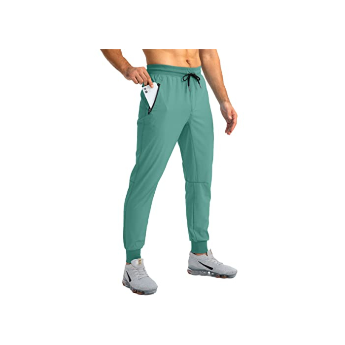 Pudolla Men's Lightweight Jogger Pants Workout Running Tapered Joggers for Men with Zipper Pockets for Athletic Travel Casual(Tea Green Small)