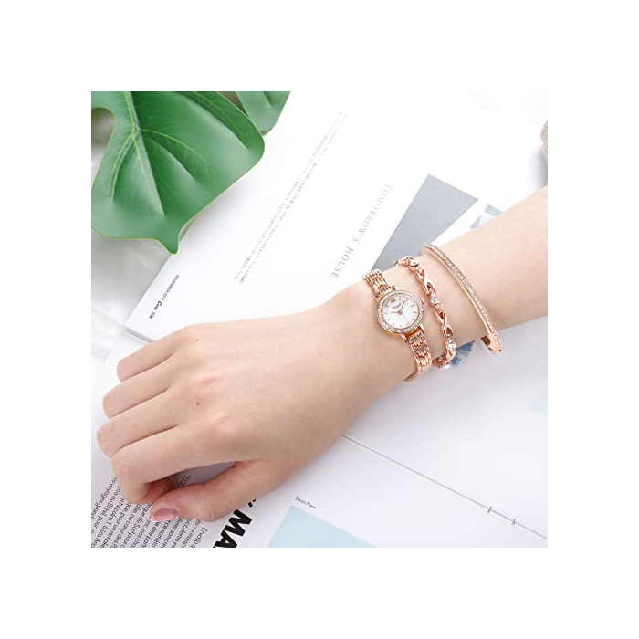 Clastyle Rose Gold Watch and Bracelet Set for Women Elegant Rhinestone Slim Wrist Watch with 2 Bangles Mother of Pearl Ladies Bracelet Watches Gift for Her