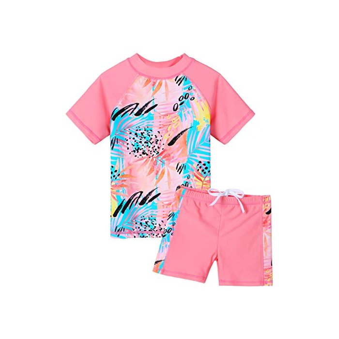 Girls Rash Guard Swimsuit Two Piece Floral Bathing Suit UPF 50+ UV Swimwear 3-12Y S342_Peach_14A