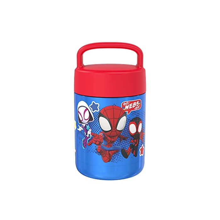 Zak Designs Kids' Vacuum Insulated Stainless Steel Food Jar with Carry Handle, Thermal Container for Travel Meals and Lunch On The Go, 12 oz, Spidey and His Amazing Friends