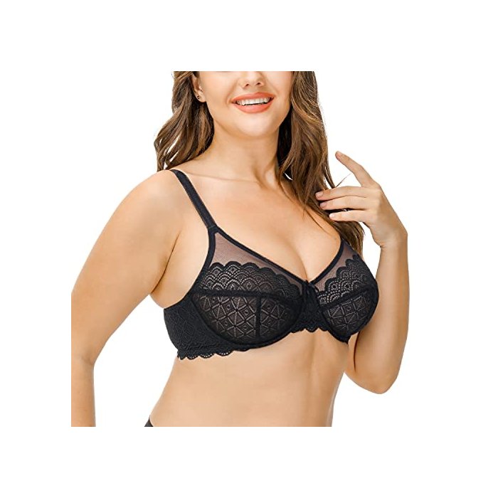 Deyllo Women's Plus Size Lace Bra Full Coverage Minimizer Lace Underwire Bra Floral Unlined(Black Flash,38C)