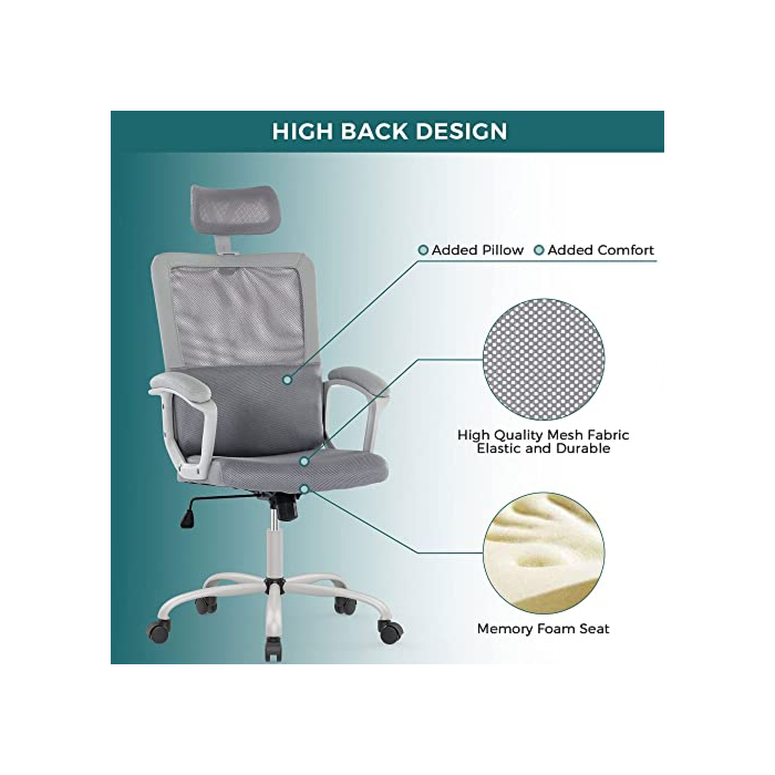 Smugdesk Ergonomic Mesh High Back Chair with Lumbar Support, Adjustable Headrest, Armrests, and Wheels, for Office Desk, Gaming Setup, and More, Gray