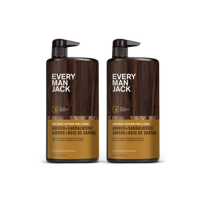 Every Man Jack Amber + Sandalwood Mens Body Wash for All Skin Types - Cleanse, Hydrate, and Smell Great - Free of Parabens, Phtalates, and Dyes - 33.8 fl oz (2 Pack)