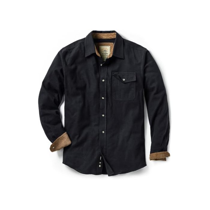 CQR Men's All Cotton Flannel Shirt, Long Sleeve Casual Button Up Plaid Shirt, Brushed Soft Outdoor Shirts, Solid Black, Large