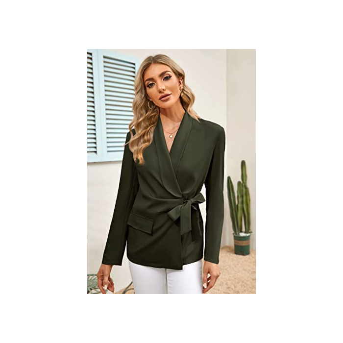 DOBULO Women's Elegant Business Blazer Long Sleeve Waist Tie Work Office Jacket Blazer with Pockets