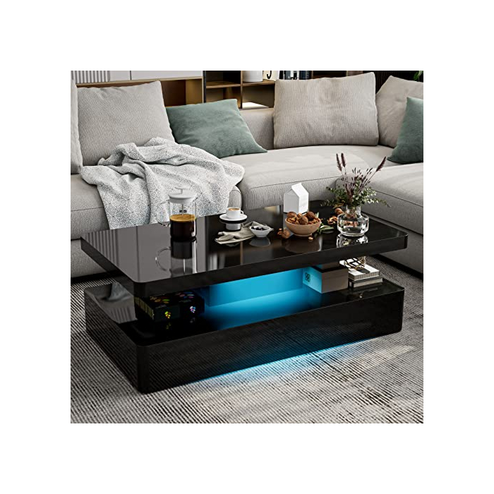 IKIFLY Modern High Glossy Black Coffee Table with 16 Colors LED Lights, Contemporary Rectangle Design Living Room Furniture, 2 Tiers