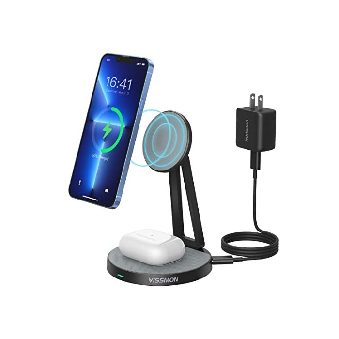 Magnetic Wireless Charger Stand, 2 in 1 Wireless Charging Station Compatible with Mag-Safe Charger for iPhone 13 Pro Max/13 Pro/13 Mini/13/12 Pro Max/Pro/Mini/12 AirPods Pro/3/2 【with 20W PD Adapter】