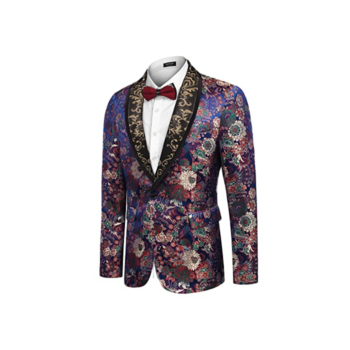 COOFANDY Men's Floral Dress Suit Luxury Embroidered Wedding Blazer Dinner Tuxedo Jacket for Party Blue