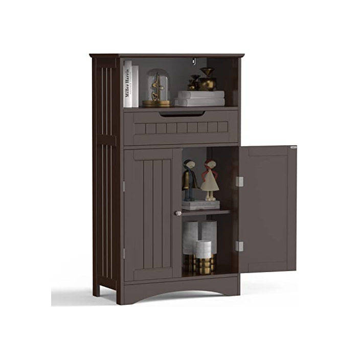 Gizoon Bathroom Storage Cabinet with Large Drawer & Door, Freestanding Floor Storage Cabinet Organizer for Bedroom, Living Room, Entryway, Office, Space Saving, Dark Brown