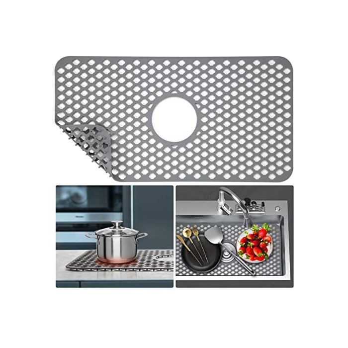 Sink Protector for Kitchen Sink,24.5''x12.9'' Silicone Sink Mat Grid Accessory for kitchen sink with Center Hole Nonslip Heat Resistant for Bottom of Farmhouse Stainless Steel Porcelain Sink