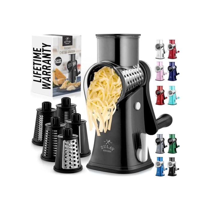 Zulay Rotary Cheese Grater 5 Blade Cheese Shredder - Manual Hand Crank Cheese Grater With Reinforced Suction & 5 Interchangeable Drums - Easy to Use, Vegetable Chopper Round Mandoline Slicer - Black