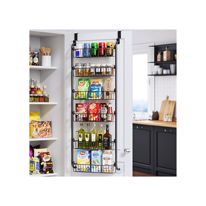 Over the Door Pantry Organizer, Heavy-Duty Metal Over the Door Organizer, 6-Tier Pantry Door Organizer for Easy Install, D4.65xW18xH50inch Pantry Door Storage, Black