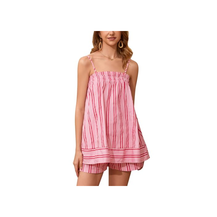 calbatic Women 2 Piece Lounge Set Striped Summer Pajama Set Sleeveless Peplum Cami Top and Wide Leg Shorts Set Beachwear Pink