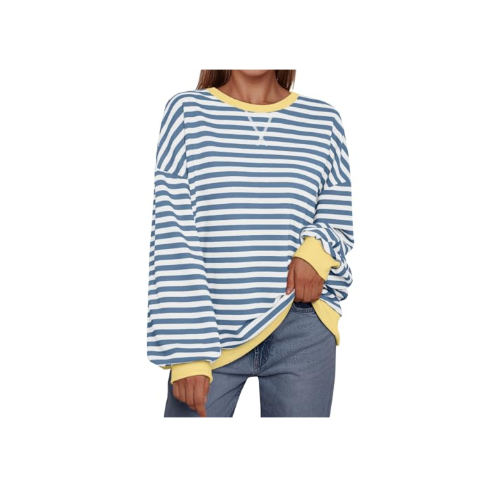 Trendy Queen Oversized Sweatshirt for Women 2024 Fall Crewneck Striped Long Sleeve Shirts Hoodies Preppy Top Y2K Outfits Bluewhite