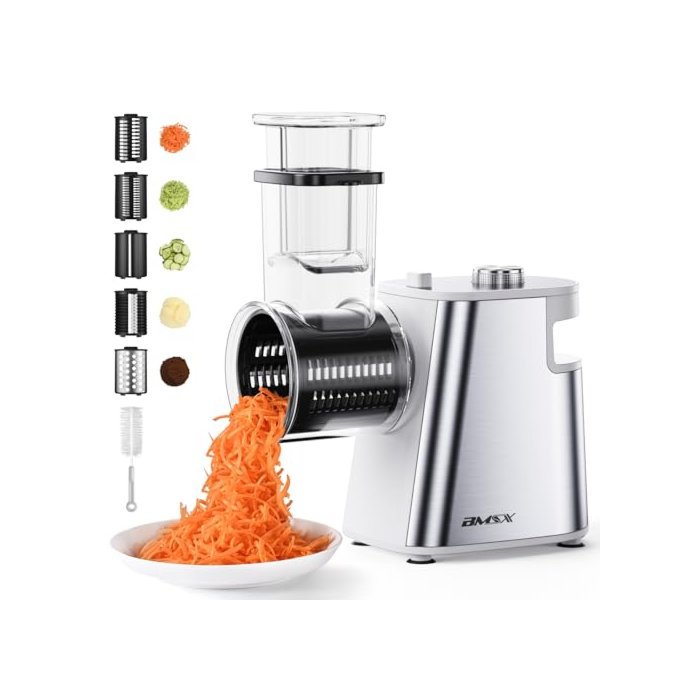 Electric Cheese Grater Upgraded, 250W Electric Slicer Shredder, Automatic Cheese Shredder, Electric Salad Machine for Fruits, Vegetables, Cheeses，Salad Maker With 5 Different Shapes of Blades