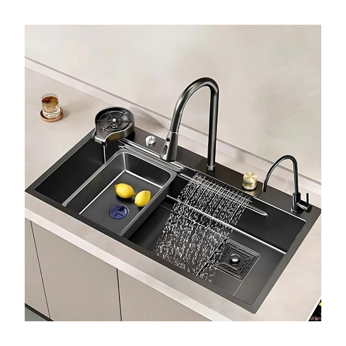 Musurjoy Kitchen Black Sink with waterfall faucet, knife rack, cup wash, and drainer basket.