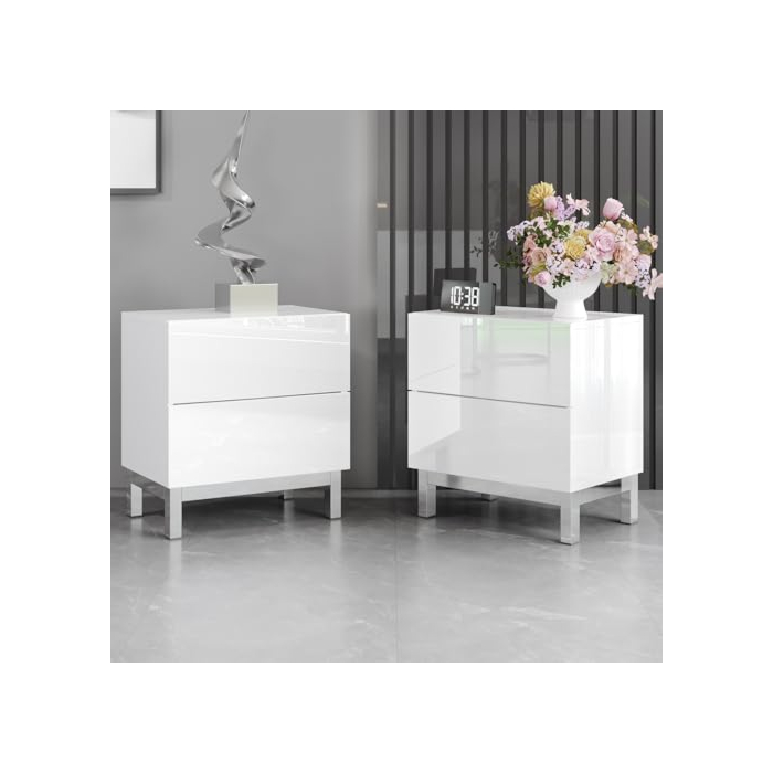 AMERLIFE High Gloss Electroplated Nightstand Set of 2, 24" Modern Minimalist Sofa Side Table with 2 Magnetic Storage Drawers, Rectangular Simple End Table Bedside Table for Bedroom Living Room, White