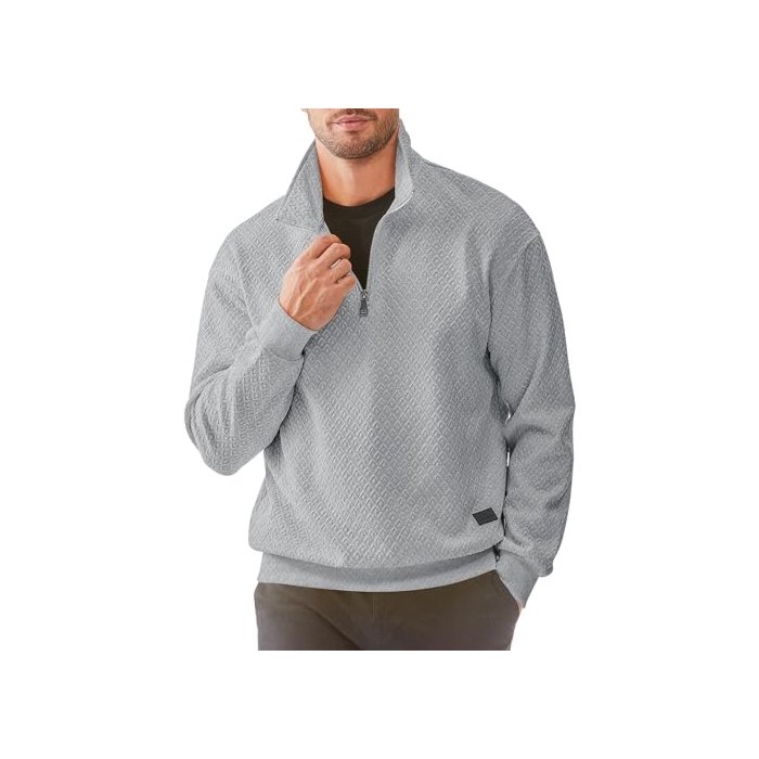 JMIERR Mens 1/4 Zip Up Polo Knit Waffle Sweatshirts Casual Long Sleeve Solid Color Geometric Texture Pullover Sweater, US 38(S), Light Grey