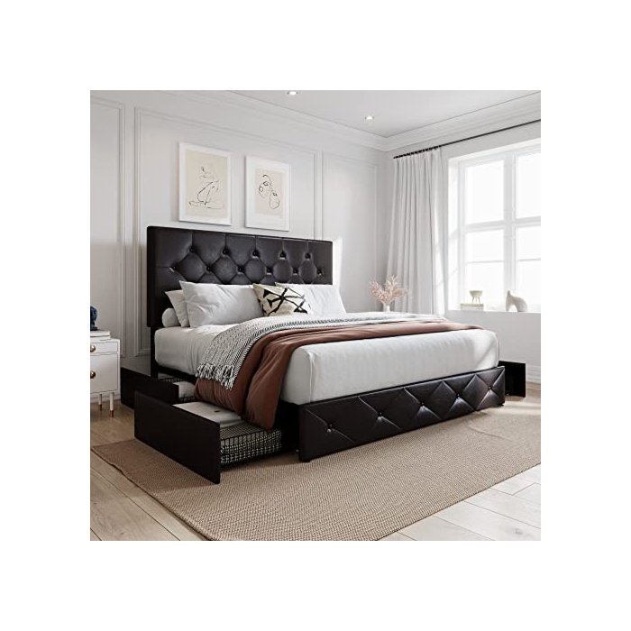 SHA CERLIN Upholstered Queen Platform Storage Bed Frame with 4 Drawers, Adjustable Headboard with Faux Leather Diamond Button Tufted, Wooden Slat Support, No Box Spring Needed, Black Brown