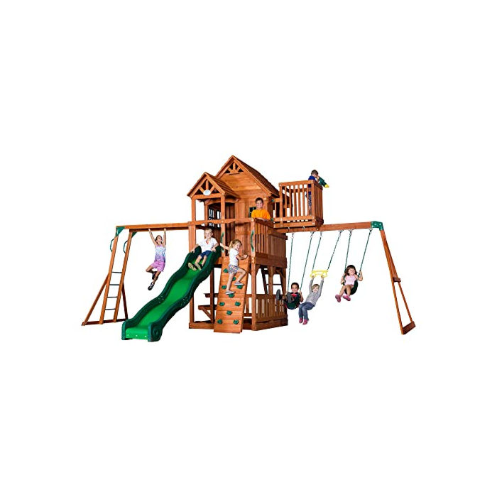 Backyard Discovery, Skyfort II Playground Cedar Wood Swing Set with Playhouse Fort, Sandbox, Picnic Table, Slide, Monkey Bars, Swings, Rock Climber, Outdoor Playset for kids Age 3-10 years