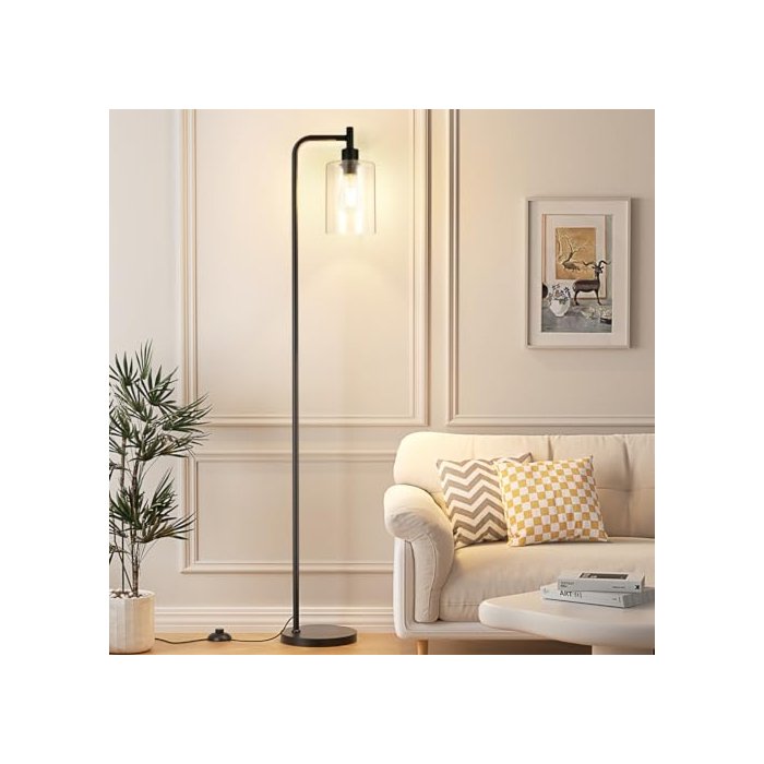 Ziisee Industrial Floor Lamp with Glass Shade - Black, LED Bulbs, Foot Pedal Switch, Easy Assembly