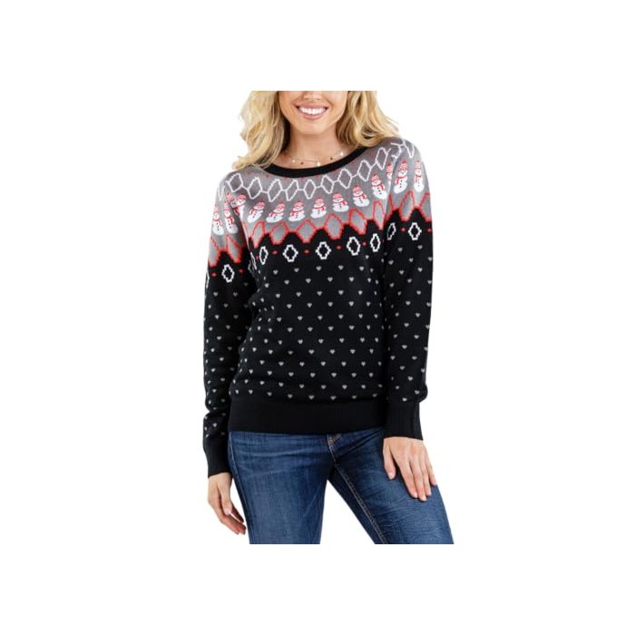 Tipsy Elves Women's Swooping Snowman Sweater, M Black