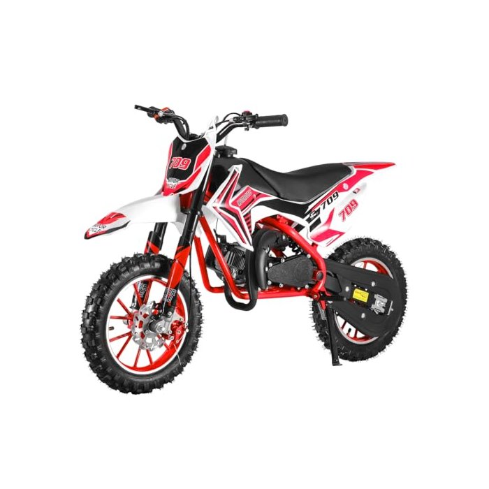 cdar 49cc Kids Dirt Bike, 2-Stroke Gas Power Motocross Off-Road Tires Shock Absorption Springs Soft Seat Cushion Pocket Motorbike with Front Rear Disc Brakes (Red+Black)