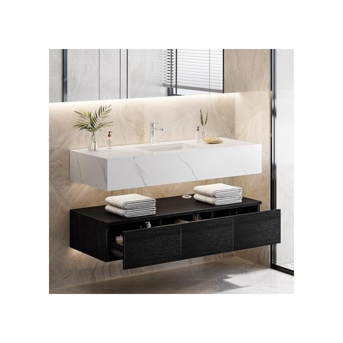 DWVO 48 Inch Floating Vanity Bathroom Wall Mounted Bathroom Storage Cabinet Single Integrated Set with Sintered Stone Countertop, Ceramic Basin Sink and 3 Drawers for Bathroom, Black