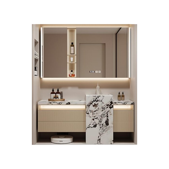 ZGNBSD Bathroom Vanity with Sink - Bathroom Vanity with Smart LED Defog Mirror Cabinet ＆ 4 Drawers, Solid Wood Vanity Bathroom Equipped Marble Slate Sink (80'')