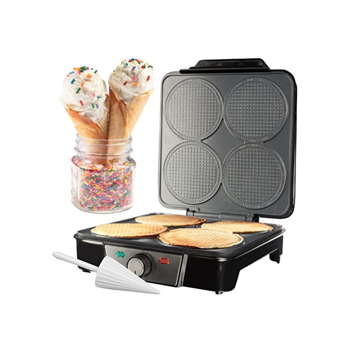 Mini Waffle Ice Cream Cone Maker - Bake 4 Homemade Mini Cones at Once, Includes Shaper Roller - Make Fun Bite Sized Entertaining Desserts for Summer Parties, Special Occasions and Gift Giving Treats