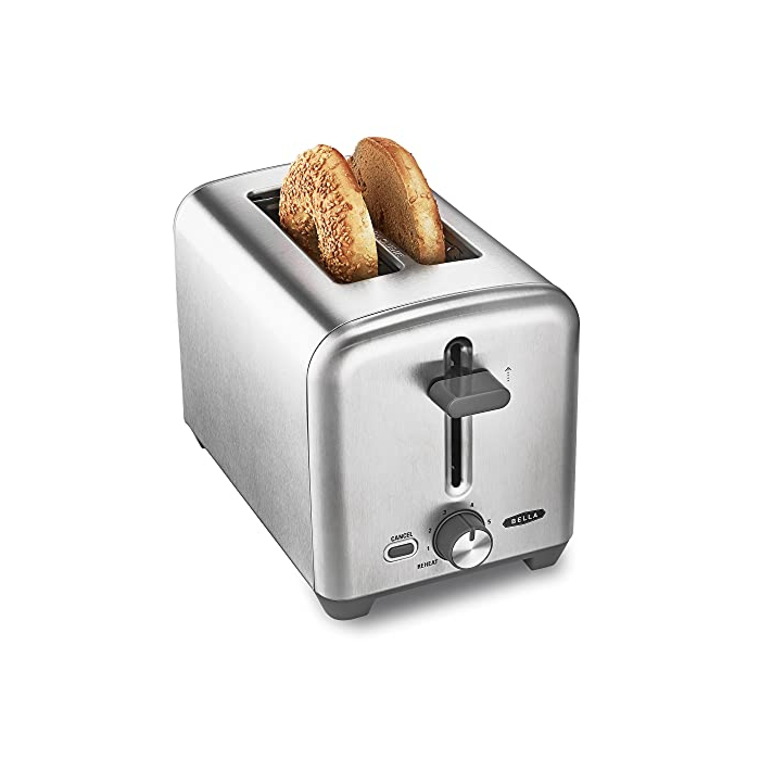 BELLA Stainless Steel 2 Slice Toaster with Extra Wide Slots & Removable Crumb Tray - 6 Browning Options, Auto Shut Off & Reheat Function - Toast Bread, Bagel & Waffle