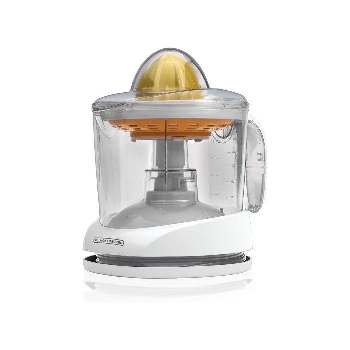 BLACK+DECKER CJ625 Citrus Juicer in white, squeezing an orange half.